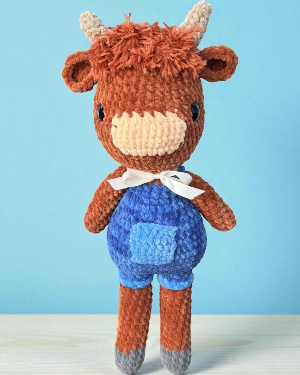 Highland Cow in Blue Overalls